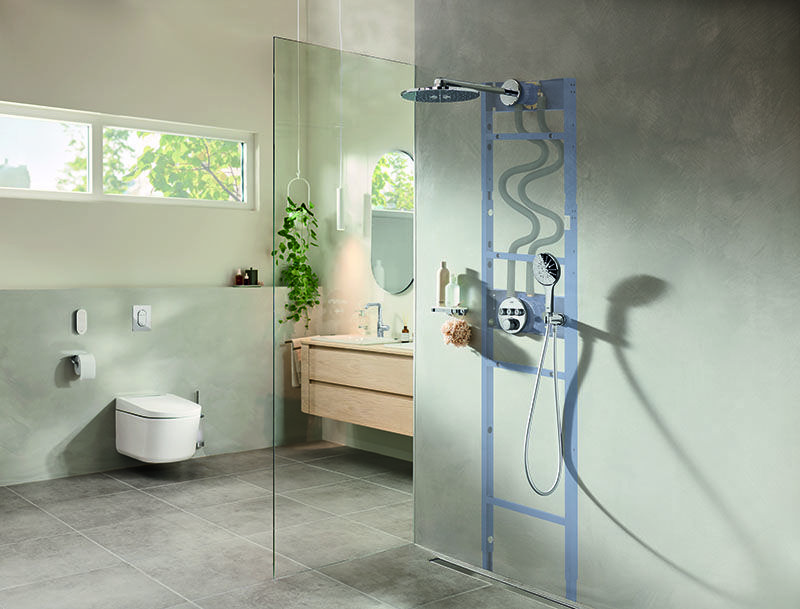 Ein Badezimmer, indem das GROHE Rapido Duschrahmen Systeme eingezeichnet ist.